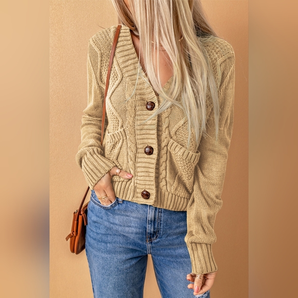 Woven Right Tan Cable-Knit Button Down Long Sleeve V-Neck Cardigan with Pockets - Picture 3 of 4